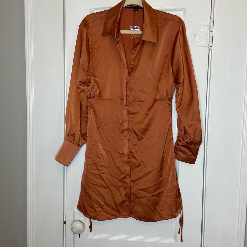 Hyfve Button Down Ruched Long Sleeve Mini Dress Size Large NEW - Picture 5 of 14